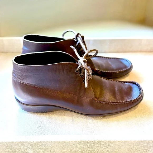 Prada Women’s Brown Leather Ankle Boots- Red Prada Stripe Sole - Made in Italy - Picture 7 of 10